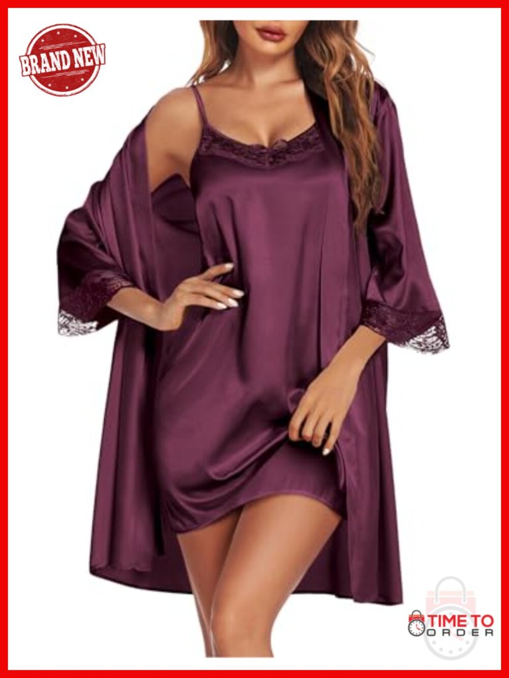 Women's Satin Nightgown and Robe 2 Piece Set V-Neck Lace Trim